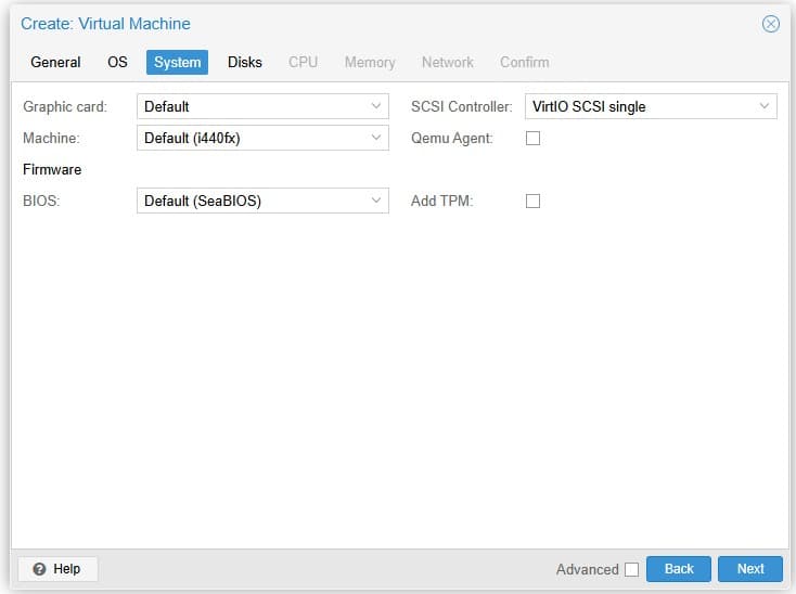 Create VM - System Configuration