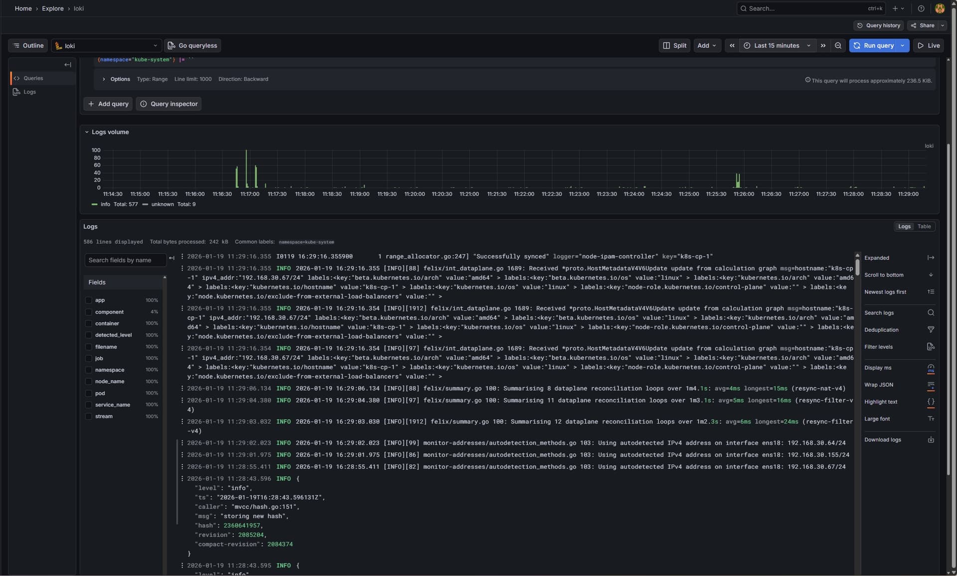 Grafana Explore tab showing Loki logs